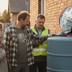 Trzy osoby przy szarej beczce na deszczówkę, w tle ceglany dom. W okręgu portfel z pieniędzmi.