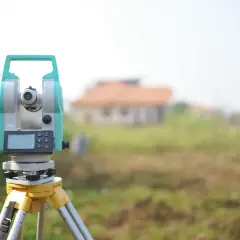 Geodezyjny tachimet na statywie na tle niezabudowanej działki i domu.