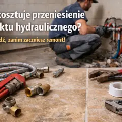 Hydraulik pracuje przy instalacji wodnej, na pierwszym planie narzędzia: klucze, taśma i złączki.