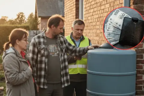 Trzy osoby przy szarej beczce na deszczówkę, w tle ceglany dom. W okręgu portfel z pieniędzmi.