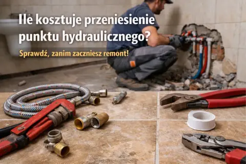 Hydraulik pracuje przy instalacji wodnej, na pierwszym planie narzędzia: klucze, taśma i złączki.
