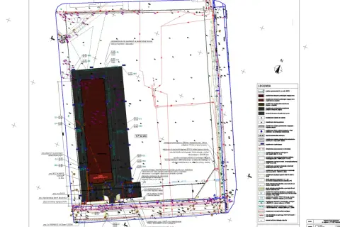 Plan sytuacyjny z oznaczeniami technicznymi i legendą.