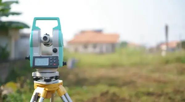 Geodezyjny tachimet na statywie na tle niezabudowanej działki i domu.